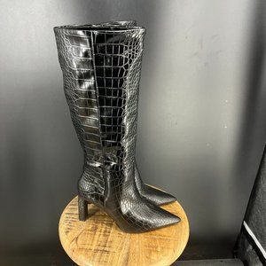 Mango Black Croc-Embossed Heeled Boots